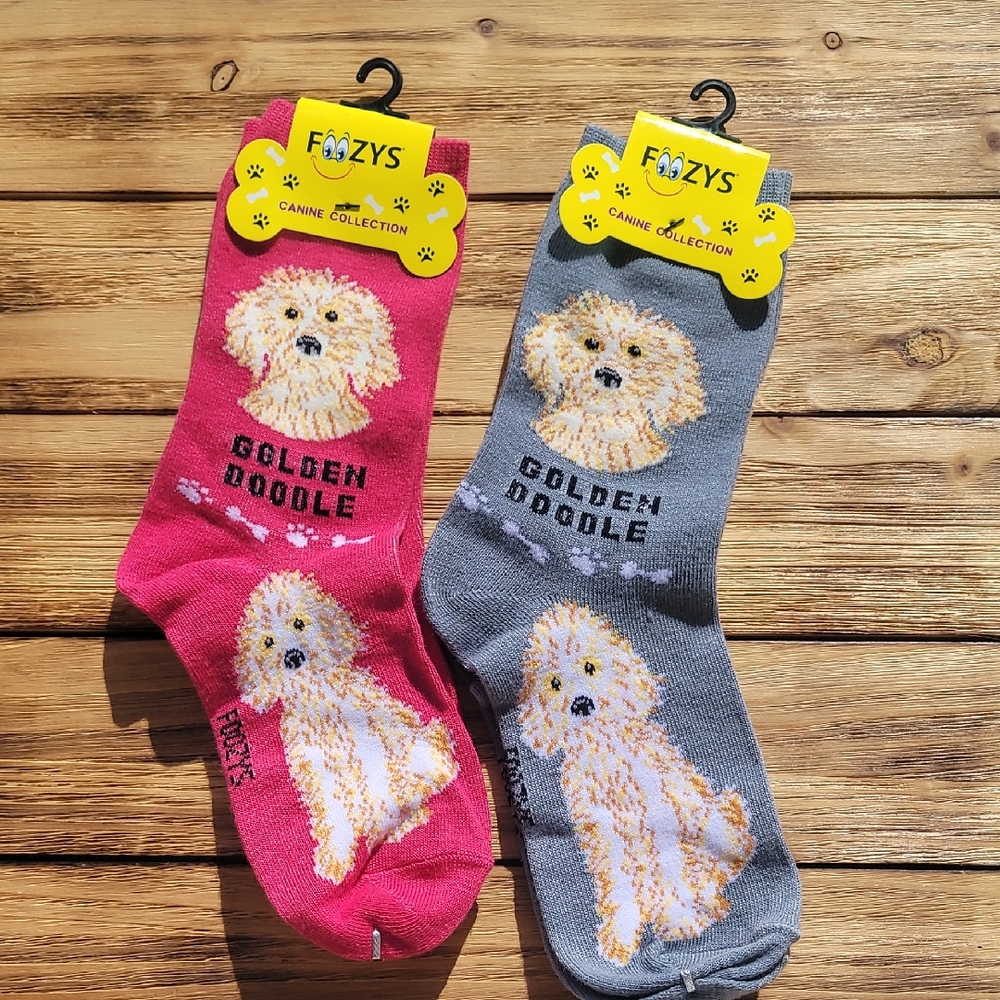 NWT Foozys Golden Doodle Dog Socks - Magneta and Gray 2 Pair Set - Unisex